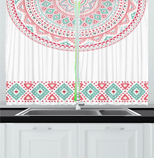 Ambesonne Abstract Kitchen Curtains Theme Signs on The White Background Pattern Window Drapes 2 Panel Set for Kitchen Cafe Decor 55  X 39  Seafoam Pink