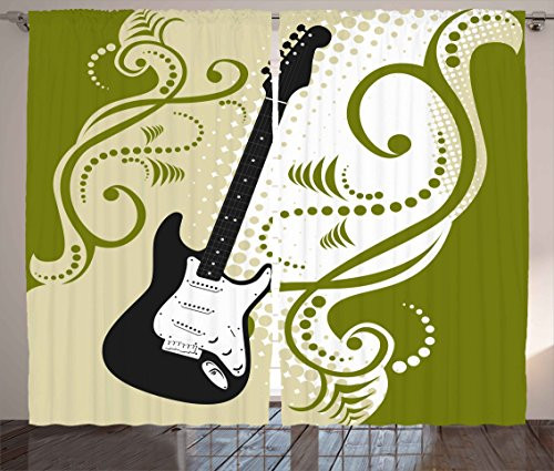 Ambesonne Music Curtains Electric Bass Guitar with Swirls Background Illustration Living Room Bedroom Window Drapes 2 Panel Set 108  X 84  Olive Green