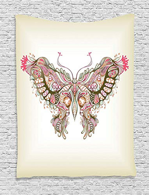 Ambesonne Butterfly Tapestry Retro Butterfly Illustration with Floral Patterns Ornate Wall Hanging for Bedroom Living Room Dorm Decor 40  X 60  Cream Green Pink