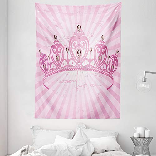 Ambesonne Queen Tapestry Childhood Theme Pink Heart Shaped Princess Crown on Radial Backdrop Romantic Wall Hanging for Bedroom Living Room Dorm 60  X 80  Light Pink