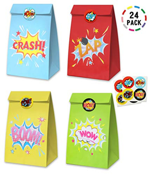Superhero Party Favors Treat Bags Kids Birthday Theme Party Supplies Goodies Gift Bags and Superhero Stickers Set of 24