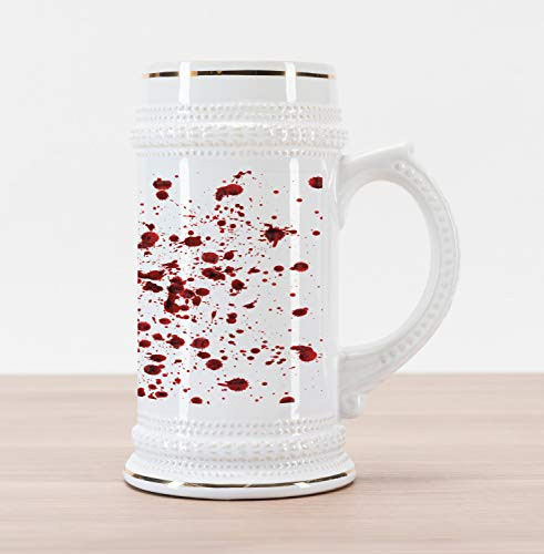 Ambesonne Horror Beer Stein Mug Splashes of Blood Grunge Style Bloodstain Horror Scary Zombie Halloween Themed Print Traditional Style Decorative Printed Ceramic Large Beer Mug Stein Red White