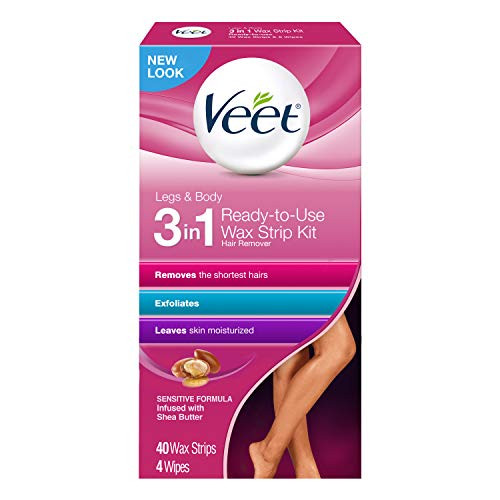 Veet Leg   Body Hair Removal Kit  Sensitive Formula Ready to use Cold Wax Strips Shea Butter   Acai Fragrance 40 Count  Pack of 2