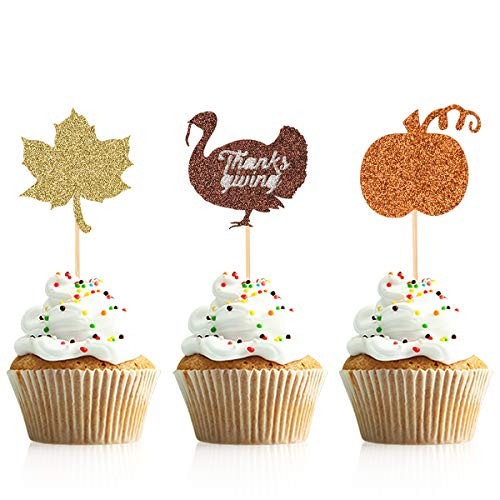 Donoter 36 Pcs Thanksgiving Cupcake Toppers Turkey Maple Leaf Pumpkin Cake Picks for Thanksgiving Day Party Decorations