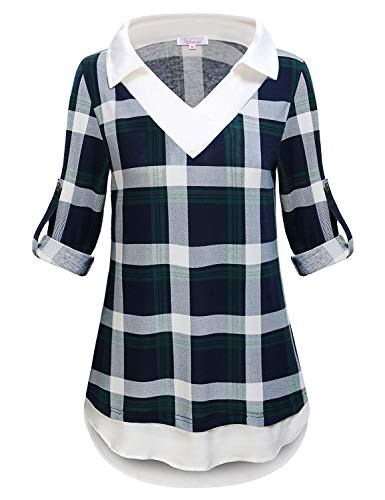Misswor Tunic Shirts for Women Ladies Shirt Split V Neck Roll Sleeve Tops Button Down Tee Latest Chic Geometric Tunic Soft Surroundings Boutique Clothing for Women  5 Blackish Green Medium