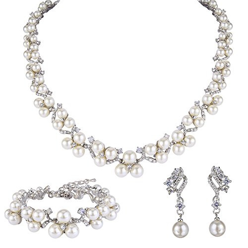 EVER FAITH Austrian Crystal CZ Simulated Pearl Victorian Style Necklace Earrings Bracelet Set Clear EVER FAITH Austrian Crystal CZ Simulated Pearl Victorian Style Necklace Earrings Bracelet Set Clear