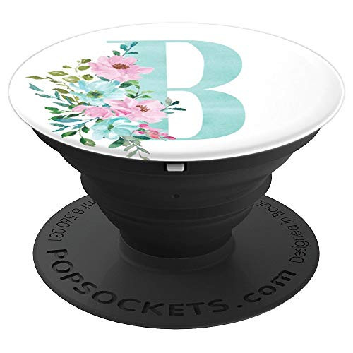 Mint and Pink Floral Flowers Monogram Name Initial Letter B PopSockets Grip and Stand for Phones and Tablets