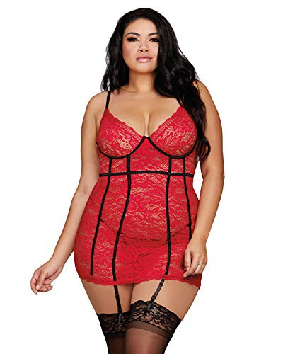 Dreamgirl Women s Plus Size Stretch Lace Underwire Garter Slip with G String Ruby 2X
