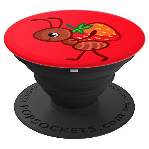 Brown Ant With Strawberry Fruit on Red Background PopSockets Grip and Stand for Phones and Tablets
