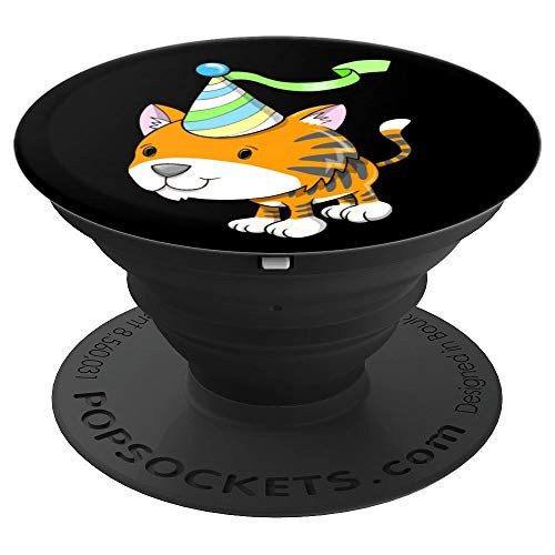 Orange Stripe Tiger With a Party Hat on Black Background PopSockets Grip and Stand for Phones and Tablets