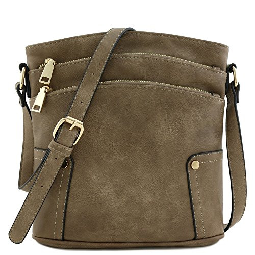 Triple Zip Pocket Medium Crossbody Bag  Taupe