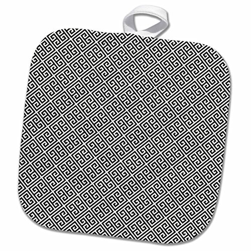 3D Rose Black and White Greek Key Pattern Pot Holder 8 x 8