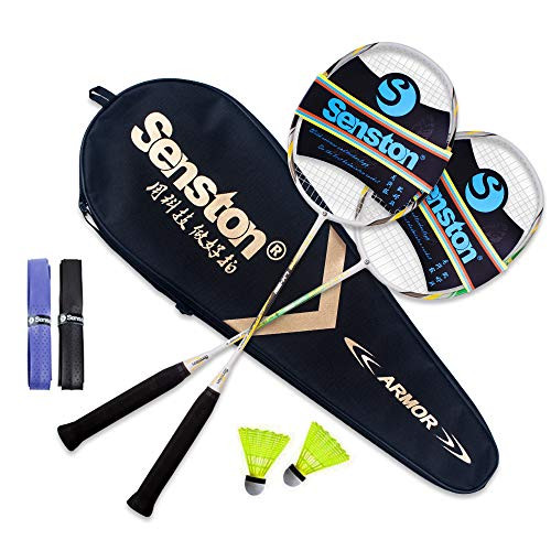 Senston 2 Pieces Badminton Set Lightweight Graphite Shaft Badminton Racket Including Premium Badminton Bag 2 Badminton Shuttlecock 2 Racquet Grip