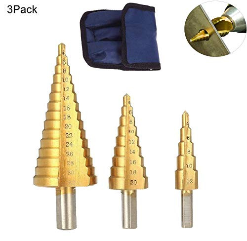 HSS Titanium Coated Step Drill Bit Set Golden Li 3PCS 4 12mm 20mm 32mm Step Cone Hole Drill Cutter Set with Hex Shank for Metal Wood Drilling Multiple Holes