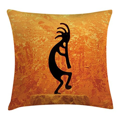 Lunarable Kokopelli Throw Pillow Cushion Cover, Kokopelli Southwestern Style Native American Eastern Ancient Belief Picture Art, Decorative Square Accent Pillow Case, 36 X 36 Inches, Orange Black