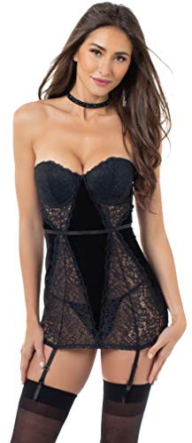 Dreamgirl Women s Velvet Lace and Mesh Garter Slip Dress Set Black Small