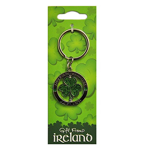 Metal Spinner Keychain With Green Glitter Lucky Shamrock
