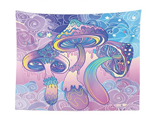 Lunarable Mushroom Tapestry, Trippy Drawing Hippie Design Sixties Visionary Psychedelic Shamanic, Fabric Wall Hanging Decor for Bedroom Living Room Dorm, 28 W X 23 L inches, Aqua Pale Pink Purple
