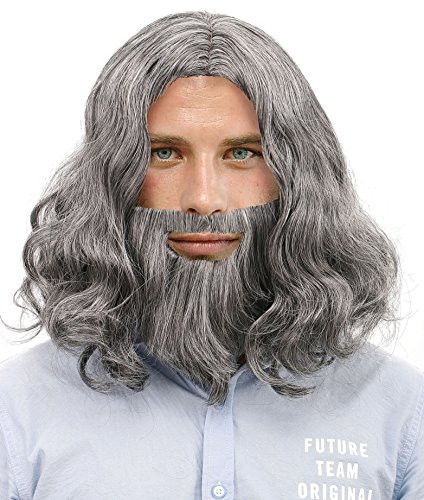 Mens Cosplay Costume Biblical Jesus Wigs and Beard Set Grey