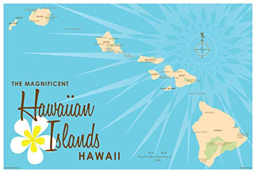 Hawaiian Islands Blue Map Giclee Art Print Poster by Lakebound 12  x 18