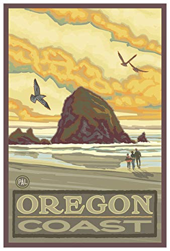 Haystack Rock Oregon Coast Giclee Art Print Poster from Original Travel Artwork by Artist Paul A Lanquist 12  x 18