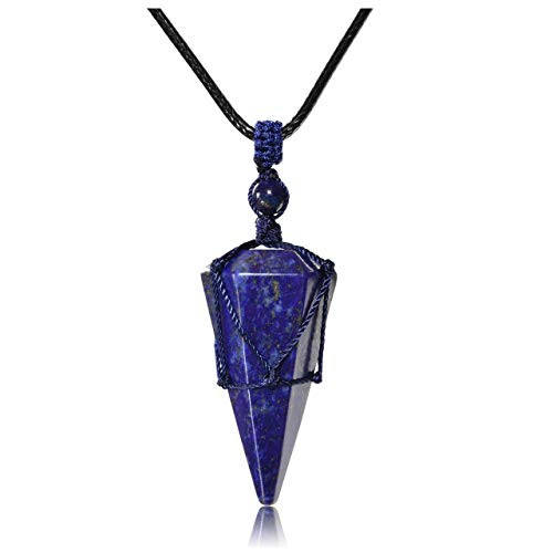 Top Plaza 6 Facet Reiki Healing Crystal Lapis Lazuli Stone Pointed Pendant Necklaces Adjustable Natural Gemstone Necklace Reiki Quartz Jewelry for Women Men