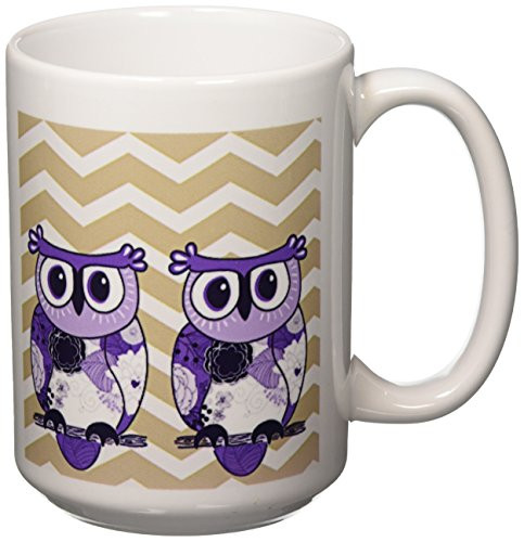 3dRose mug 162266 2 Two Purple Owls with Beige and White Chevron Ceramic Mug 15 Ounce