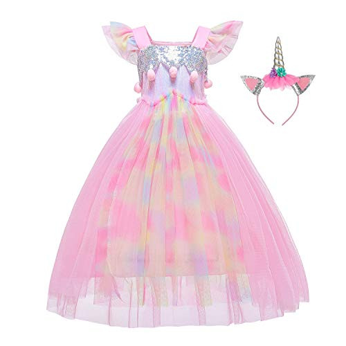 BanKids Unicorn Dress for Girls Costume Pageant Princess Party Dress with Unicorn Headband for Girls 5T 6T  130CMUPinkD57