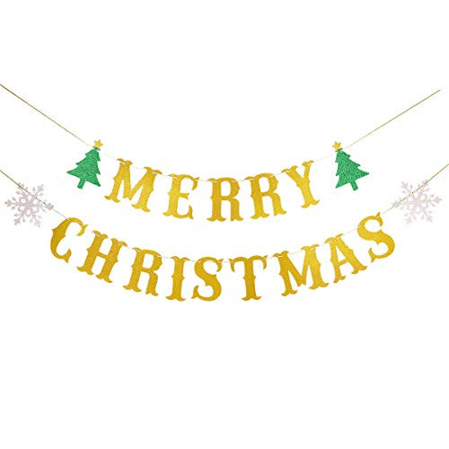 Gold Glittery Merry Christmas Banner  Christmas Holiday Party DecorationsSanta Festive Party DecorWinter Mantle Home DecorXmas Sign Banner Decorations