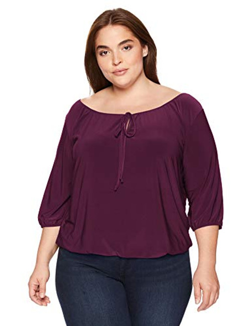 Star Vixen Women s Plus Size 3 4 Sleeve Peasant Elastic Hem Keyhole Tie Top Plum 2X