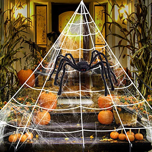 F FiGoal Halloween Giant 23 FT Triangular Mega Spider Web with 3 FT Huge Black Hairy Spider and Super Stretch Cobwebs Halloween Indoor and Outdoor Decorations