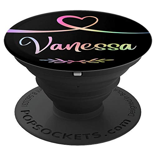 Vanessa Heart Rainbow Personalized Name Black Vanessa Gift PopSockets Grip and Stand for Phones and Tablets