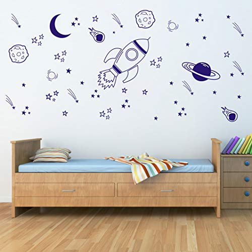 Space Wall Decal Nursery Outer Space Decor Rocket Decal Boy Room Decor Space Ship Decal Space Themed Room Planets Wall Decal for Baby Boys Nursery A37   Blue