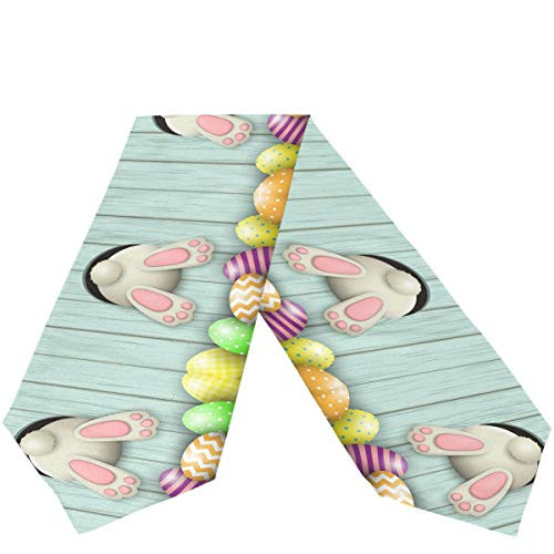 Easter Eggs Bunny Tail Table Runner 13x70 Inches Double Sided Rabbit Flowers Spring Table Runners Cloth Washable Egg Hunt Kitchen Dining Fabric for Holiday Party Home Happy Easter Day Decorations