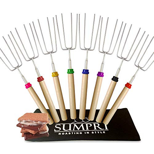 SUMPRI Marshmallow Roasting Sticks  Set of 8  Smores Skewers Telescoping Rotating Forks  Hot Dog Extendable Steel Fork  Fire Pit Outdoor Fireplace Campfire Accessories  Multicolored Camping Kit