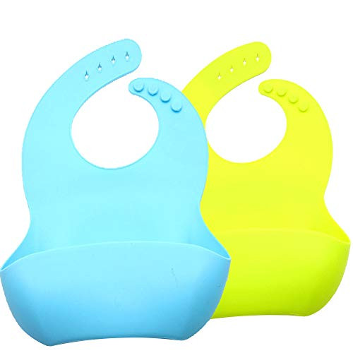 Emoly Silicone Baby Bibs 2 Pack Adjustable Fit Waterproof Baby Bib for Girls and Boys Easily Wipe Clean with Food Catcher Pocket   Yellow  Blue Emoly Silicone Baby Bibs 2 Pack Adjustable Fit Waterproof Baby Bib for Girls and Boys Easily Wipe Clean with Food Catcher Pocket   Yellow  Blue