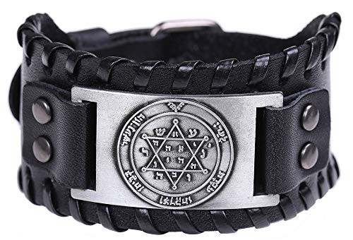 VASSAGO Vintage Amulet The Second Pentacle of Jupiter The Greater Key of Solomon Wide Leather Bracelet Gift Jewelry for Men Women Black Leather Antique Silver VASSAGO Vintage Amulet The Second Pentacle of Jupiter The Greater Key of Solomon Wide Leather Bracelet Gift Jewelry for Men Women Black Leather Antique Silver
