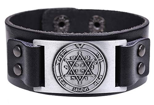 VASSAGO Vintage Amulet The Second Pentacle of Jupiter The Greater Key of Solomon Metal Connector Leather Bracelet for Men Women Black Leather Antique Silver VASSAGO Vintage Amulet The Second Pentacle of Jupiter The Greater Key of Solomon Metal Connector Leather Bracelet for Men Women Black Leather Antique Silver