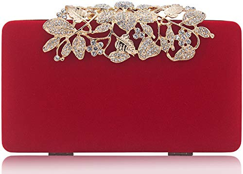 Womens Evening Bag with Rhinestone Crystal Flower Closure Velvet Clutch Purse for Wedding Party Red