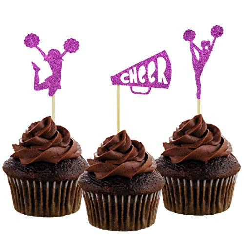 Morndew 24 PCS Purple Glitter Cheerleader Dance Horn Cupcake Toppers for Sport Party Baby Shower Birthday Party Decorations