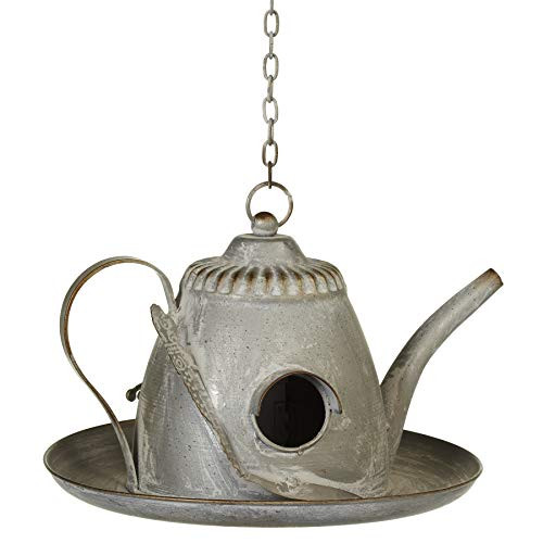 MIDWEST CBK Silvertone Hanging Teapot with Spoon 6 inch Metal Birdhouse MIDWEST CBK Silvertone Hanging Teapot with Spoon 6 inch Metal Birdhouse