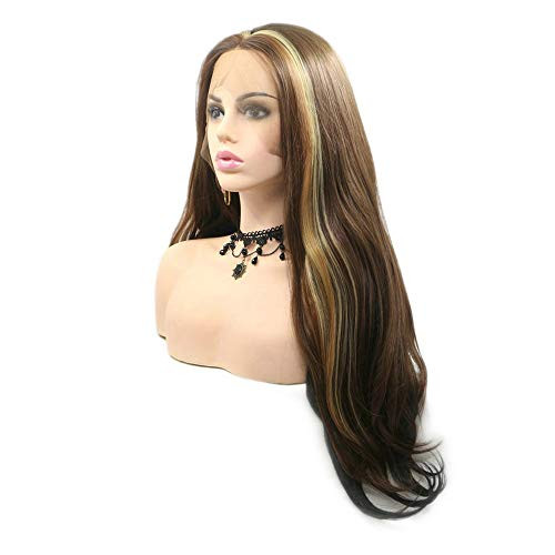 RainaHair 24 Inches Natural Looking Brown Lace Front Wigs with Highlights Honey Blonde Long Wavy Heat Resistant Synthetic Wigs for Black Women Heat Safe Drag Queen Wigs