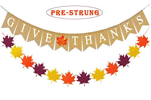 Saliyaa Give Thanks Maple Leaf Banner Decorative Autumn Banner Rustic Burlap Happy Fall Banner Maple Leaf Harvest Banner Garland for Thanksgiving Decoration Supplies