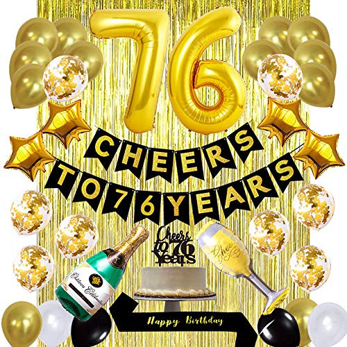 Gold 76th Birthday Decorations Kit Cheers to 76 Years Banner Balloons 76th Cake Topper Birthday Sash Gold Tinsel Foil Fringe Curtains for 76 Birthday Anniversary Decorations
