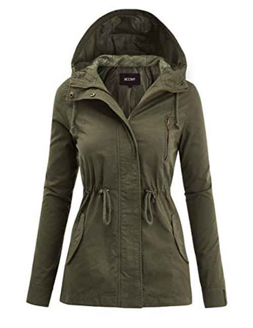 FASHION BOOMY Women s Zip Up Safari Military Anorak Jacket with Hood Drawstring   Regular and Plus Sizes Large Olive