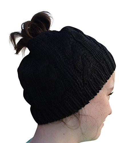 Nickanny s Crochet Messy Bun Beanie Style with Hole for Ponytail Hat Perfect Running or Bad Hair Day  Black
