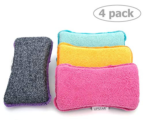 Microfiber Scrubber Sponge - Non-Scratch Kitchen Scrubbies, Dishwashing and Bathroom Sponges, Pack of 4, Size 6x3x1.6 Inch by UPSTAR