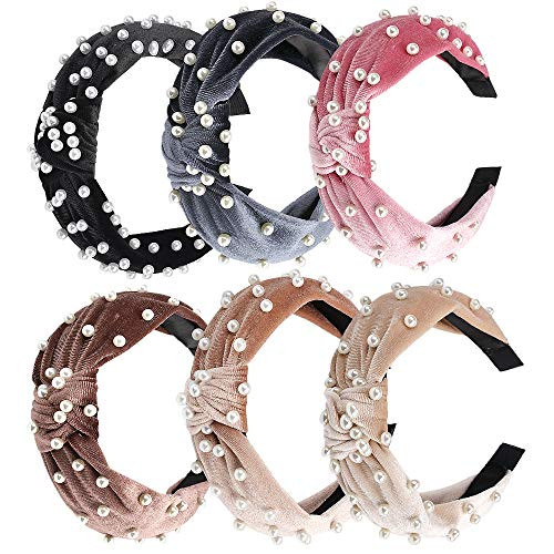 Pearl headbands for Women 6 Pack Knot Velvet Headbands Headbands with Pearls Fashion Hair Bands Accessories Twisted Criss Cross Headband Wide headbands Hair Hoop HairBands