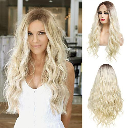 Baruisi Platinum Blonde Lace Front Wig Ombre Long Curly Synthetic Natural Middle Parting Glueless Lace Wig for Women Baruisi Platinum Blonde Lace Front Wig Ombre Long Curly Synthetic Natural Middle Parting Glueless Lace Wig for Women
