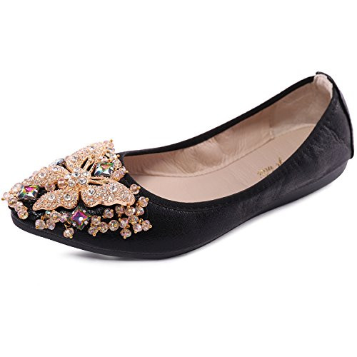 Womens Foldable Ballet Flats Rhinestone Pointed Toe Comfortable Slip on Wedding Flat Shoes Dress Flats for Women Black 105